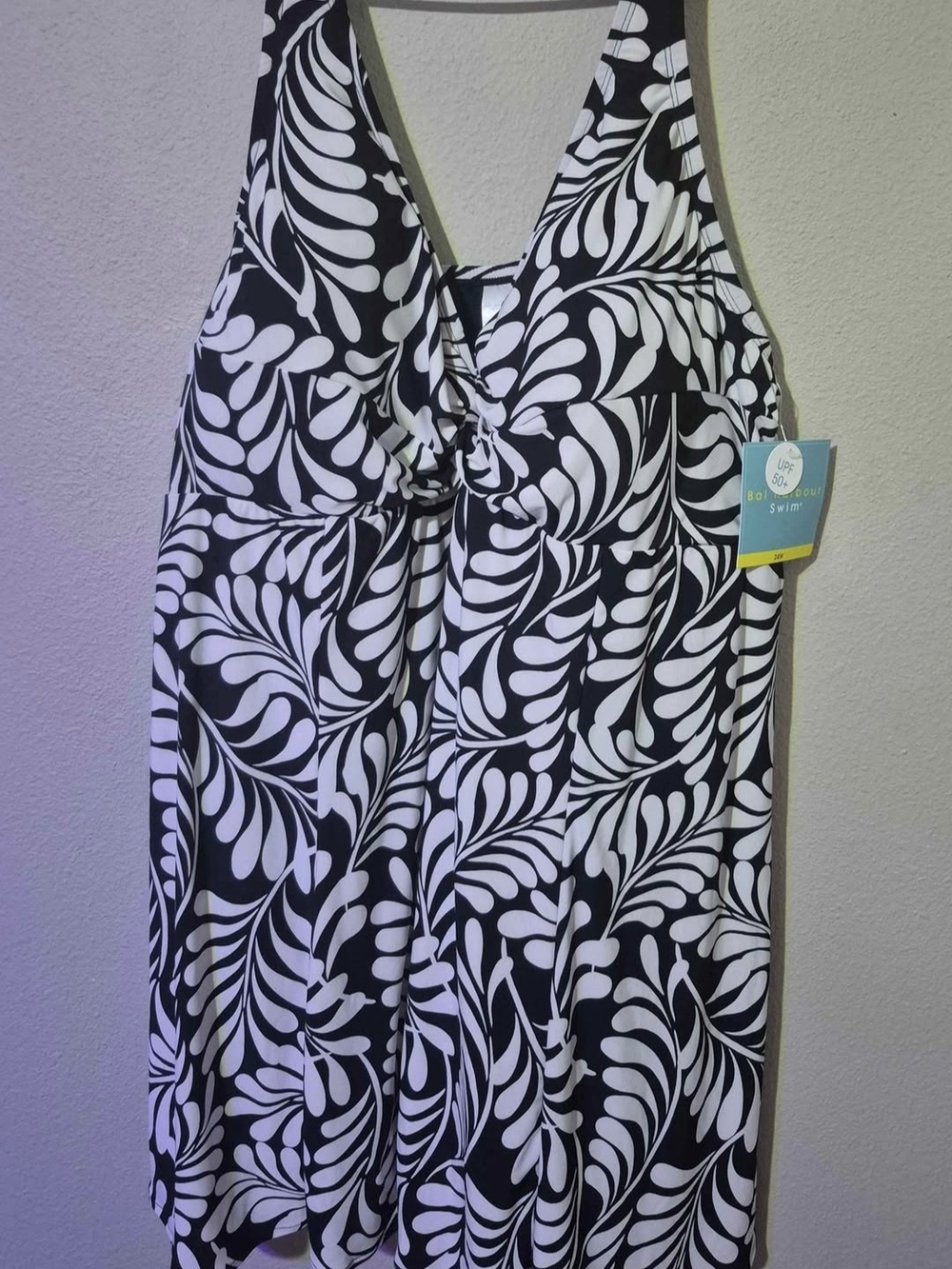 Bal Harbor - Plus Size Black & White Leaf Print Swimdress